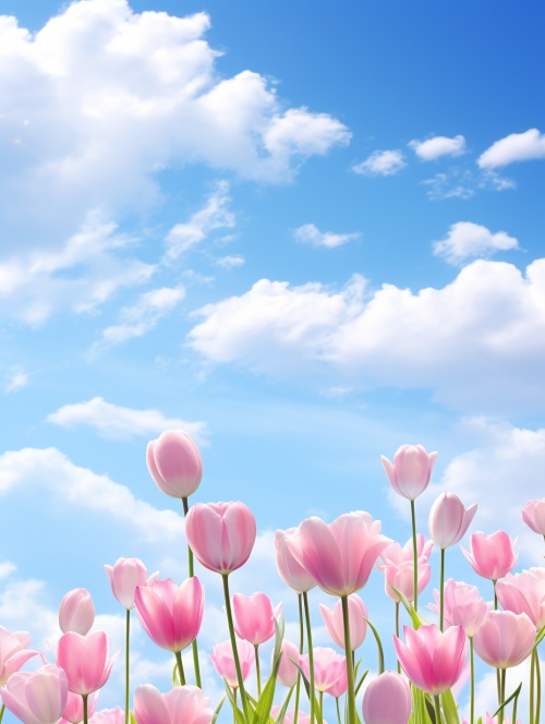 清晨，阳光轻柔，3－5支粉色郁金香，仰拍实景，可以看见蓝天白云