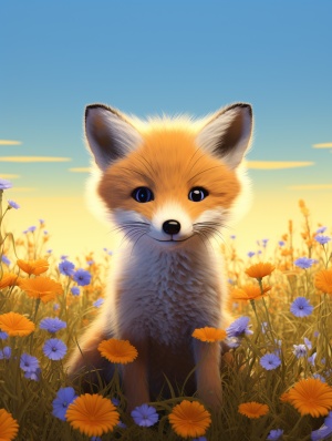 可爱的狐狸与野花：超现实卡通8K超高清画作