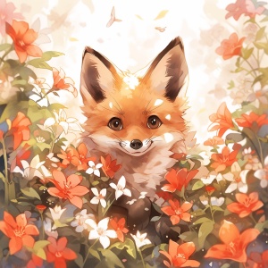 可爱的狐狸，花卉，印象派，卡通，8k超高清，浅琥珀色和红色，逼真的，超细节渲染，超细节，开心