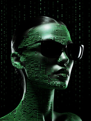 ASCII，黑客帝国，戴墨镜的女人头像，亮绿色，发光特效，纯黑背景