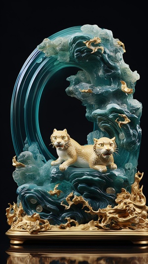 琉璃玉俑艺术：金蓝超现实风景与传统中国风景的流动纹理