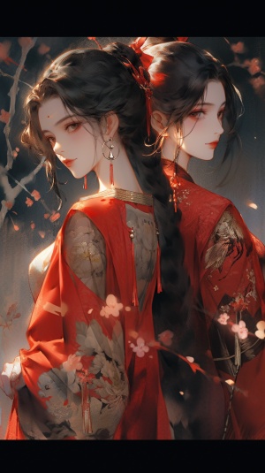 中国的吉小红和中国的常熟夫妇壁纸，在暗红色和黑暗的海蓝宝石，神秘和梦幻，逼真的图像，优雅，情感的面孔，动漫影响，32k uhd，暗金和浅红色的风格