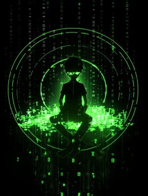 ASCII，黑客帝国，奥特曼全身像，呆萌可爱，亮绿色，发光特效，纯黑背景，动态视角