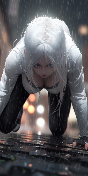 Canon EOS 600D camera photo of full view concept, illustration for seinen manga or seinen anime, gorgeous ( ๏ ㅅ ๏ ) woman is on all fours under heavy rain, with white hair, close-up shot from behind, super realistic, frostbite 3 rendered, natural beauty of woman body, ultra detailed closeup, nighttime ar 16:9 niji 5