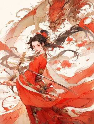 古装少女手舞长剑，骑龙飞翔，细腻红裙，漫天樱花