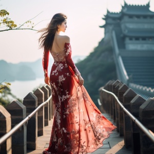 中式衣裙淡花色长腿美女在慢步世界名胜让旅游景点。