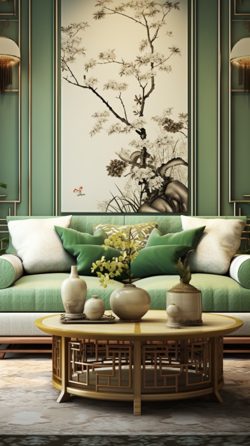 装修效果图 中式美，主色调绿色 国风美在一花一壶 清净典雅 有新中式家具 沙发 床 茶几上有茶壶 有灯笼
