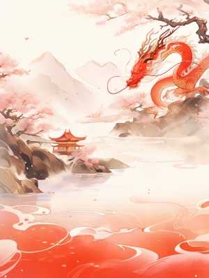 中国龙飞翔，漫天樱花下的古典元素