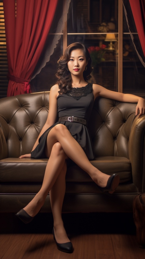 一位穿裙子高跟的三十岁亚洲女人，很有气质，坐在沙发上，全身照