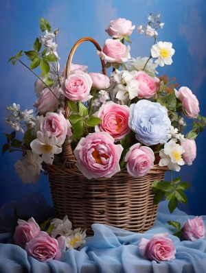 背景淡蓝，地上有白纱，竹筐盛满粉蓝玫瑰花