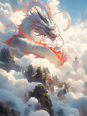 中国风格艺术插画：壮丽山川中的龙飞翔