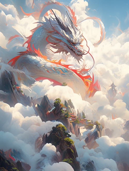 中国风格艺术插画，一条龙飞翔在空中，云海翻腾，山川壮丽，鸟瞰视角，超精致，超高精度，超高细节，广角镜头