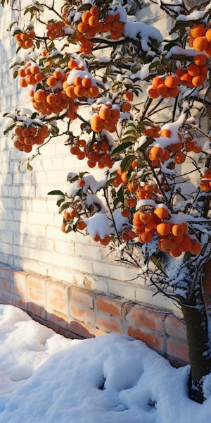 柿子树与园林墙壁下的雪影