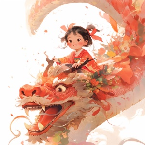 中国风格的龙骑小女孩艺术插画