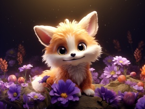 可爱的3D狐狸闪光在花丛中的超细节渲染