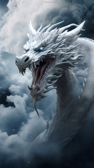 magnificent white dragon with long serpentine body covered in shimmering scales, sharp claws and fangs, elegant wings spanning wide, and piercing blue eyes, gracefully gliding through the misty clouds, ar 16:9, realistic photography style captured with a telephoto lens to emphasize the intricate details of the dragon's features and the ethereal atmosphere
