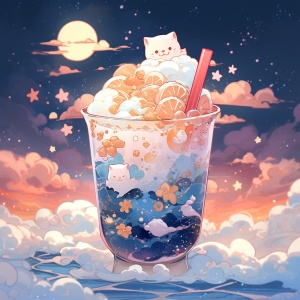 A cup of starry ice boo, inside the milk tea is a sea of stars, star moon island, meteor shower, snowflakes. The milk tea is like ice cream, dream valley, cute. The milk tea is decorated with a wallpaper of stars and cats, waves of the sea, YYYCAT,the horizon. The exterior of the milk tea is an ocean and stars, with high-definition wallpaper images. niji 5 ar 9:16