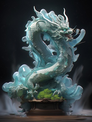 glass art of jade figurine, There is a dragon in the middle of the screen, in the style of hyperrealistic landscapes, gold and azure, traditional chinese landscape, flowing textures, realistic hyper-detail, intricate illustrations, reefwave quality 5 iw 1 quality 5ar 16:9 v6