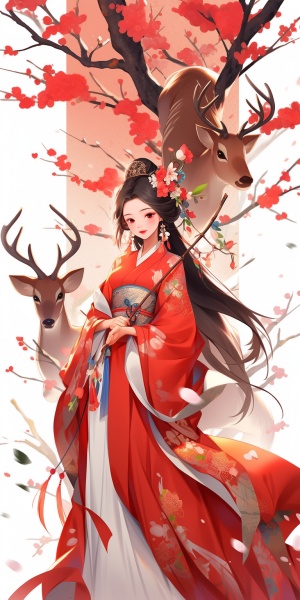 中国九色鹿与汉服少女：细节丰富的高质感画面