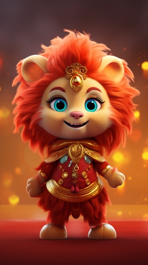 一个可爱的卡通ip头像，一个喜庆的中国舞狮头，面朝前，快乐的表情，皮克斯风格，红色和金色，毛绒，毛发，精致的装饰，高清的画面，可爱的造型，喜悦，CG渲染