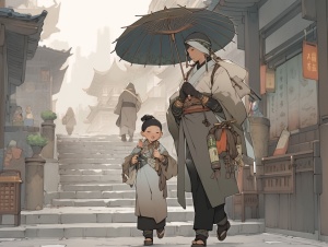中国古代风，一个女人牵着一个八岁小男孩走在街上，都是古装打扮