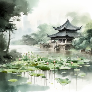 A serene lotus pond in an ancient Chinese temple surrounded by lush greenery, with a gentle mist rising from the water's surface, peaceful and tranquil, traditional Chinese ink painting style, executed with ink brushes and rice paper ar 4:3