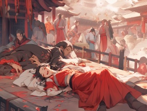 中国古代风，一群人躺在地上，闭着眼睛，地上有红色水，背景村子里