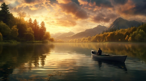 湖水平静，阳光照射在水面上，远处的树木倒影在湖中。渔夫站在小船上，发现了漂浮的尸体。