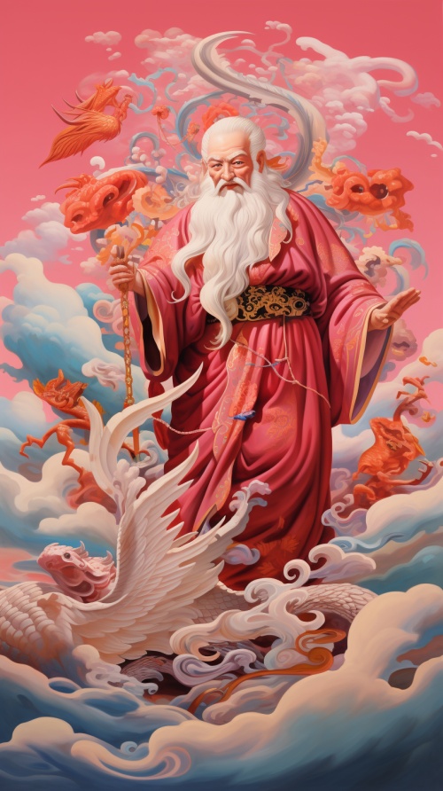 一个白色的中国神，红色背景上有红色的龙和鸟，在浅天蓝色和深粉红色的风格，五颜六色的莫比乌斯，轻松愉快，专辑封面，宝石，纯色，由上述所有