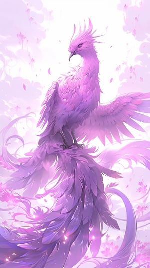 Amethyst Phoenix is a beautiful fantasy creature, which combines the mysterious energy of amethyst and the symbol of the phoenix's rebirth and blessing, with gorgeous feathers and a light pink purple light emitting around the body, a magical girl, and aesthetic artistic conception