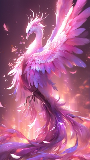 Amethyst Phoenix is a beautiful fantasy creature, which combines the mysterious energy of amethyst and the symbol of the phoenix's rebirth and blessing, with gorgeous feathers and a light pink purple light emitting around the body, a magical girl, and aesthetic artistic conception