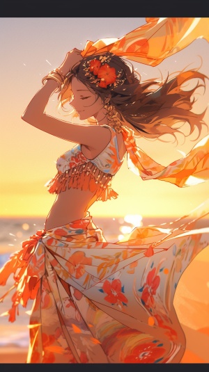 一中国女孩，海风吹过长发，走在金色的沙滩上，阳光灿烂照亮了你的美，穿着飘逸的花裙，全身照