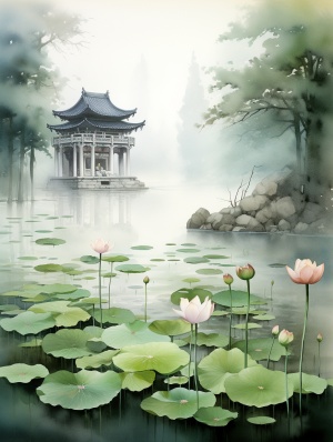 A serene lotus pond in an ancient Chinese temple surrounded by lush greenery, with a gentle mist rising from the water's surface, peaceful and tranquil, traditional Chinese ink painting style, executed with ink brushes and rice paper ar 4:3