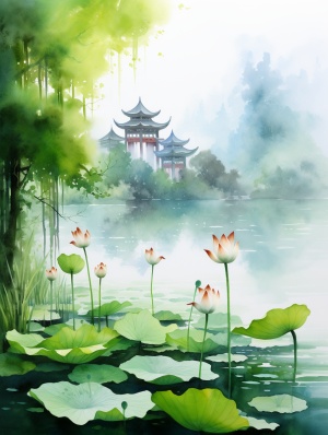 A serene lotus pond in an ancient Chinese temple surrounded by lush greenery, with a gentle mist rising from the water's surface, peaceful and tranquil, traditional Chinese ink painting style, executed with ink brushes and rice paper ar 4:3