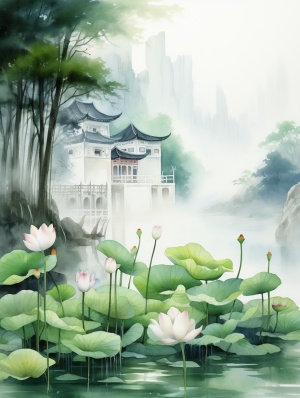 Tranquil Ancient Chinese Temple with Lotus Pond