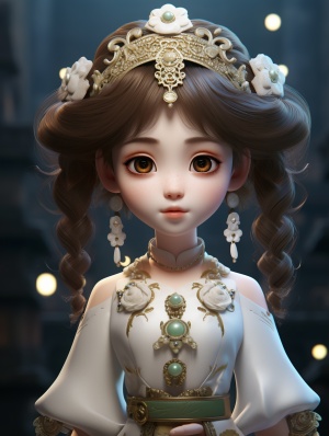 Super rich Tang Dynasty elements , CG ,3D, redshift , Disney style , round face , cuteness , vitality , big eyes , traditional Chinese clothing , brown eyes , Chinese element clothing , upper body , clear texture , super fine details , super clear resolution Rate ,32K, UHD s 180 ar 3:4