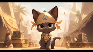3D，立体，可爱卡通埃及小猫咪，拟人的手法，站立，穿着古埃及金色装饰物和飘带的埃及小猫咪，埃及壁画风格，金字塔，古老感，正脸，可爱，大眼睛，圆嘟嘟