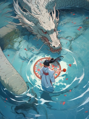 Awhite Chinese Dragon and a Red Tang Dynasty Girl on a Mythical Lake