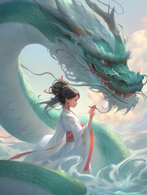 Awhite Chinese Dragon and a Red Tang Dynasty Girl on a Mythical Lake