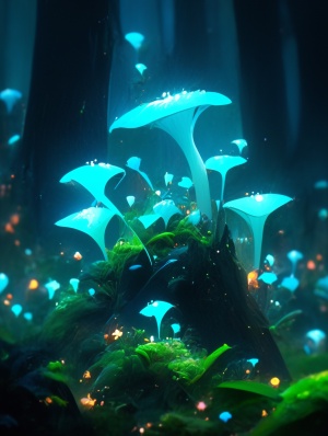 Futuristic Jade Lilies and Mushrooms in Forest