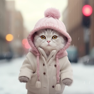 . 一只穿着冬季服装和帽子的猫走在街上，采用了 Dolly Kei 风格，浅粉色和浅灰色，32K UHD，纯色，浅白色和浅米色 ar 57:128