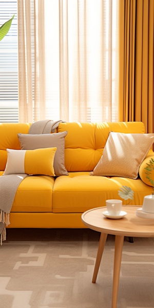 现代风格，暖黄色调简洁沙发背景，舒适柔软的橘色沙发搭配独特的几何图案，细腻的织物质感，沙发椅腿采用优质实木材质，自然纹理清晰可见，高贵而稳固。整体布局简洁大方，辅以一些装饰枕头使得沙发更具层次感。清晨阳光透过窗帘洒下，照亮了整个空间，温暖与舒适在这里交融，仿佛邀请着你去享受片刻的宁静时光。16K，布料纹理清晰，皮质纹理清晰，3D渲染，光影明亮，阳光明媚，丁格尔光照