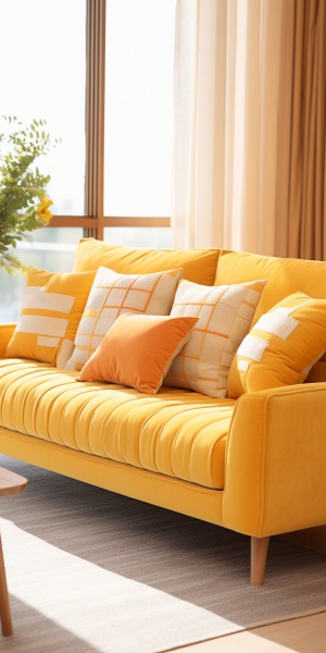 现代风格，暖黄色调简洁沙发背景，舒适柔软的橘色沙发搭配独特的几何图案，细腻的织物质感，沙发椅腿采用优质实木材质，自然纹理清晰可见，高贵而稳固。整体布局简洁大方，辅以一些装饰枕头使得沙发更具层次感。清晨阳光透过窗帘洒下，照亮了整个空间，温暖与舒适在这里交融，仿佛邀请着你去享受片刻的宁静时光。16K，布料纹理清晰，皮质纹理清晰，3D渲染，光影明亮，阳光明媚，丁格尔光照