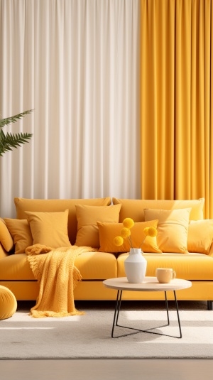 现代风格，暖黄色调简洁沙发背景舒适柔软橘色沙发搭配几何图案
