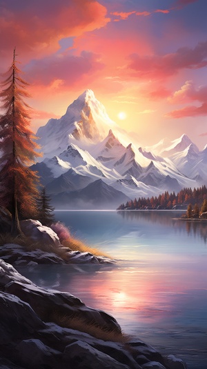 A serene mountain landscape with a vibrant sunset casting warm hues across the sky, snow-capped peaks reflecting the golden light, a tranquil lake nestled between the mountains, calm and peaceful atmosphere, painted with soft brushstrokes and subtle textures,