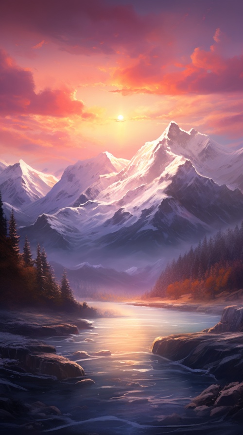 A serene mountain landscape with a vibrant sunset casting warm hues across the sky, snow-capped peaks reflecting the golden light, a tranquil lake nestled between the mountains, calm and peaceful atmosphere, painted with soft brushstrokes and subtle textures,