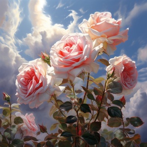 大片玫瑰花，蓝天白云，