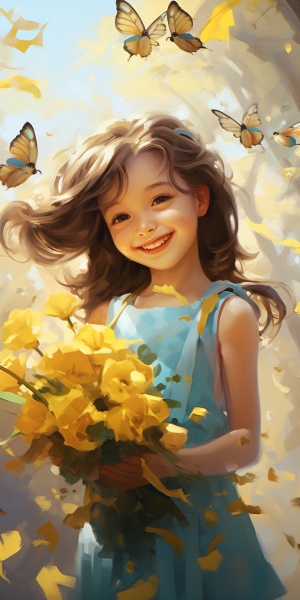 q版原画，卡通小女孩儿，手捧鲜花，很可爱很萌萌哒的憨笑，画面闪闪发光，逼真精致到每个细节，超写实派，高清。在花园里，蝴蝶飞舞，蜜蜂和小鸟在空中飞翔。