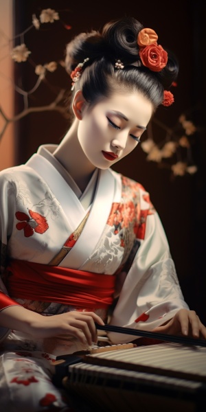 日本艺伎化妆很白，身穿花魁和服，手弹三味线，盘腿坐在地上，在日本房间里，两三个艺伎，有的手拿扇子翩翩起舞，韵味十足，仿佛在演奏演歌儿！高清。