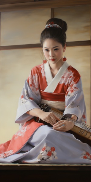 日本艺伎化妆很白，身穿花魁和服，手弹三味线，盘腿坐在地上，在日本房间里，两三个艺伎，有的手拿扇子翩翩起舞，韵味十足，仿佛在演奏演歌儿！高清。